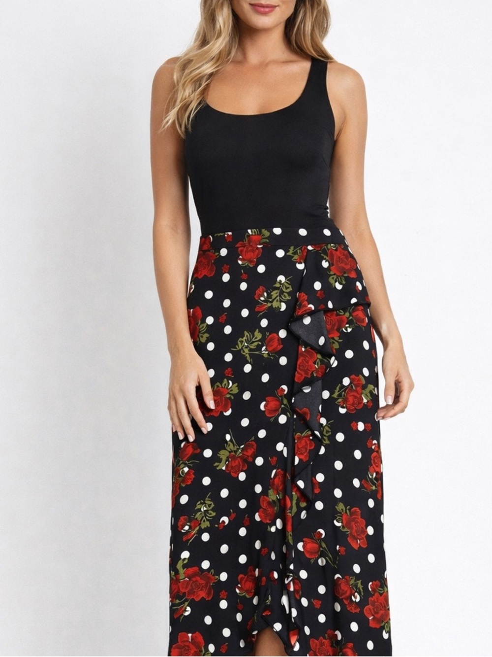 ZARA Flamenco Black/White Dot Red Roses Ruffle Skirt NWT